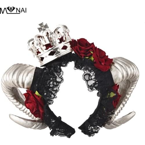 Handmade Restyle Large Ram & Roses Horns Gothic Headpiece Crown Headband Veil Kwaii Headbands Fancy Dress Steam Punk Costumes