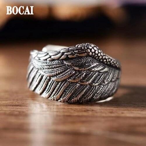 BOCAI S925 Silver 2021 Trend Eagle Wings Mens Ring Adjustable Retro Feather Personalized Jewelry