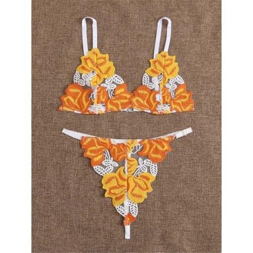 2Pcs Women Sexy Exotic Sets Underwear Lingerie Lace Floral See-through V Neck Bra Patchwork High waist Briefs Panties Bra Brief