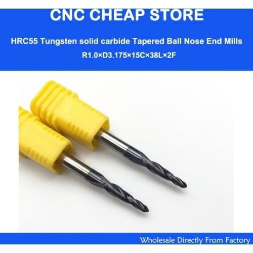 5pc R1.0 x 3.175 (1/8") shank 2 flutes Tungsten solid carbide Coated Tapered Ball Nose End Mills taper and cone wood endmills