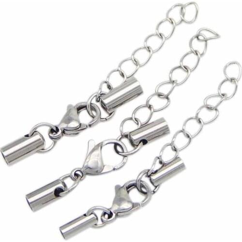 Stainless Steel Round Leather Cord End caps End clasps With Lobster Clasp Extender Chain DIY Jewelry Findings 10pcs/lot