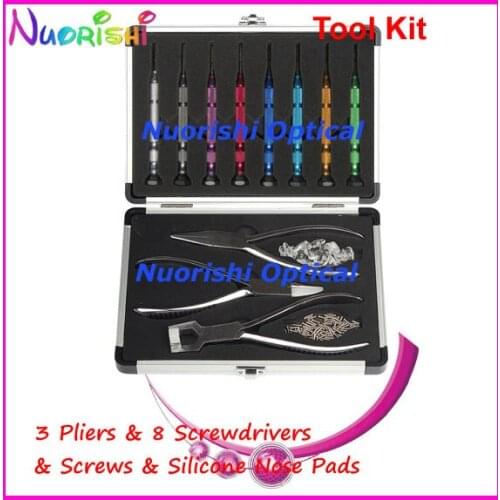 Professional Glasses Repairing Tool Kit Set 3 Pliers 8 Screwdriver With Silicone Nose Pads and Screws PL073B Free Shipping