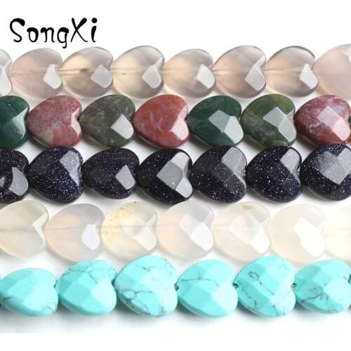 Natural Stone Beads Faceted Love Heart Agates Blue Sandstone Turquoises For Jewelry Making Diy Onyx Bracelet Necklace 7.5 inches