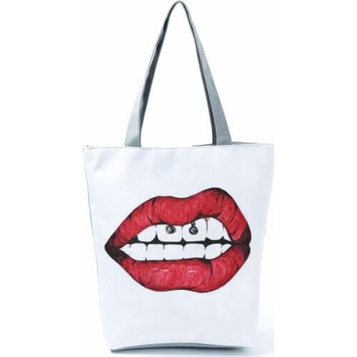 Sexy Red Lips Pattern Printed Handbags With Zipper Female Shopping Bags Large Outdoor Packs Lady Fashion All-Match Shoulder Bags