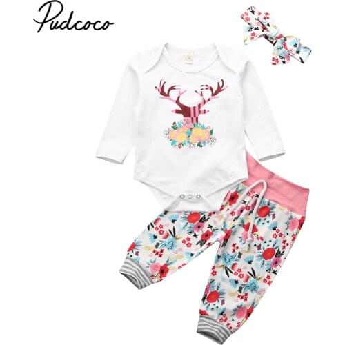 Pudcoco Newborn Baby Girls Boys Xmas Deer Outfits Long Sleeve Cartoon Romper Tops + Floral Pants + Hats Christmas Clothes Set