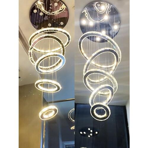 Modern And Simple Stainless Steel Crystal Chandelier Lighting Dining Room Living Room 5 Ring Adjustable Staircase Light