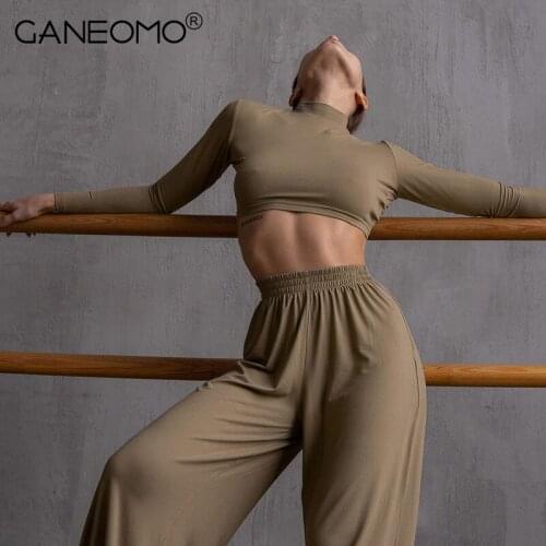 Sport Fitness Home Suit Women Two Piece Set Half High Collar Long Sleeve Crop Top High Waist Wide Leg Pants Suits Casual Outfit