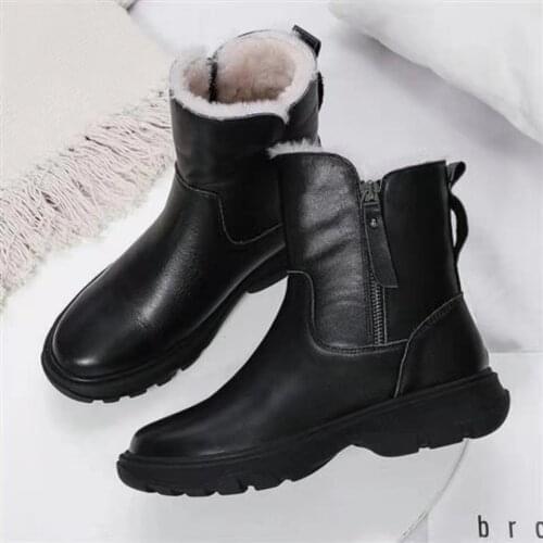 Nausk 2021 Snow Boots Thick Bottom Wedge Leather Winter Warm Leisure Outdoor Wool Short Boots Women