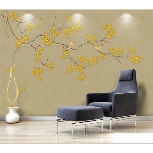 XUE SU Custom mural wallpaper new Chinese style hand-painted flowers and birds ginkgo background wall a variety of materials are