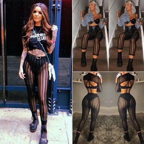 Womens Ladies Mesh striped Sexy Leggings Pants Casual Perspective Pants Trousers
