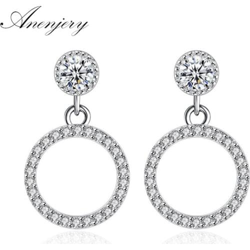 ANENJERY 925 Sterling Silver Sparkling Cubic Zircon Geometric Square Circle Star Heart Earrings For Women Brincos S-E218