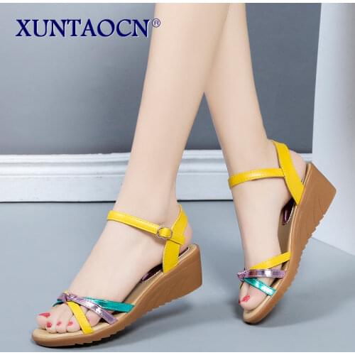2021 Moist Summer Elegant Ladies Dress High Heeled Shoes Womens Yellow Peep Toe Ankle Strap Wedges Party Sandals Size 35-40