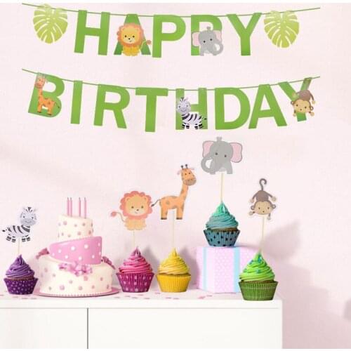 1Set Safari Jungle Party Cartoon Animal Lion Banner Paper Garlands Happy Birthday Decorations Kids Baby Shower Bunting Supplies