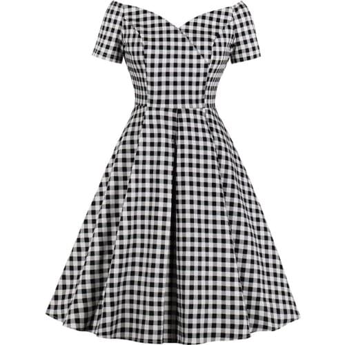 1950s Vintage Plaid Dress Women Summer Sexy Off Shoulder Dance Party Dresses Female Cotton Retro Audrey Hepburn Rockabilly Dress