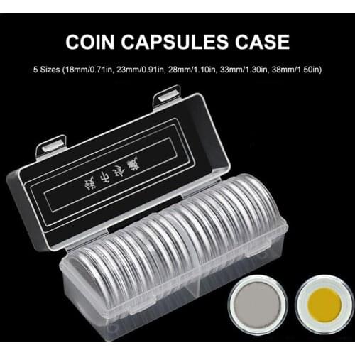 20 Coin Capsules Gold Coin Box With 5 Sizes Protect Gasket And 1 Plastic Storage Box For 18/23/28/33/38mm Coins Collection
