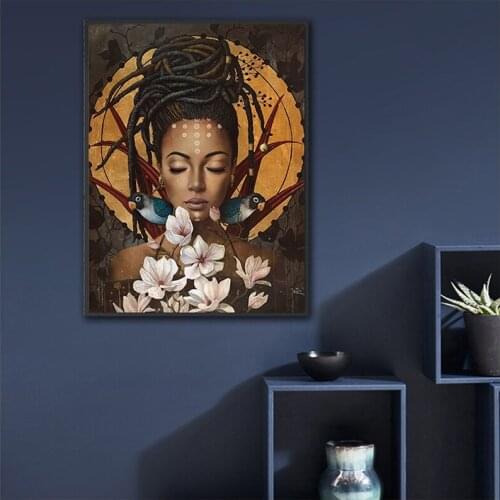 5D Diy Diamond Painting African Girl With Flowers Birds Full Square Round Rhinestone Mosaic Portrait Diamond EmbroideryZP-4166