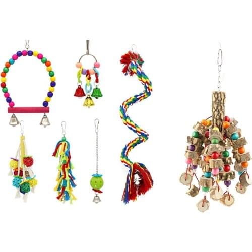 6 Pcs Birds Swing Toys,Parrots Chewing Hanging Perches with Bells Toys & 1 Pcs Parrot Chewing Pendant Puzzle Molar Toy