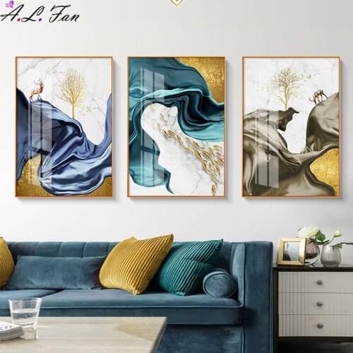 Abstract blue ribbon poster, green and purple modern elk, lucky tree print modern canvas painting frame abstract wall art pictur