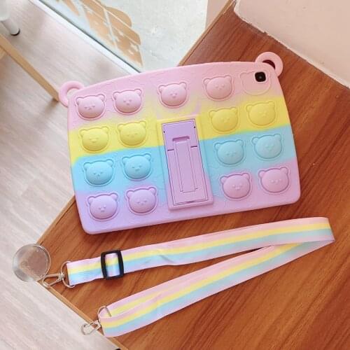 For Samsung Galaxy Tab a7 Lite Case Rainbow Crossbody Lanyard Bear Stand Soft Protect Case for Galaxy Tab P615 T220 T505 T297