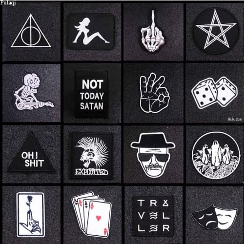 Pulaqi Punk Black And White Patches Hippie Skull Stickers Embroidered Iron on Patches For Clothing Stripes For Jacket Badge