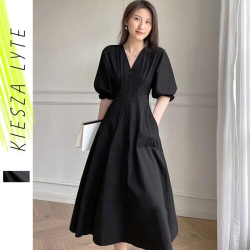 Hepburn Black Dress Puffy Sleeve 2021 Summer V Neck French Style High Waist A-line Party Dresses Elegant Womens Clothing