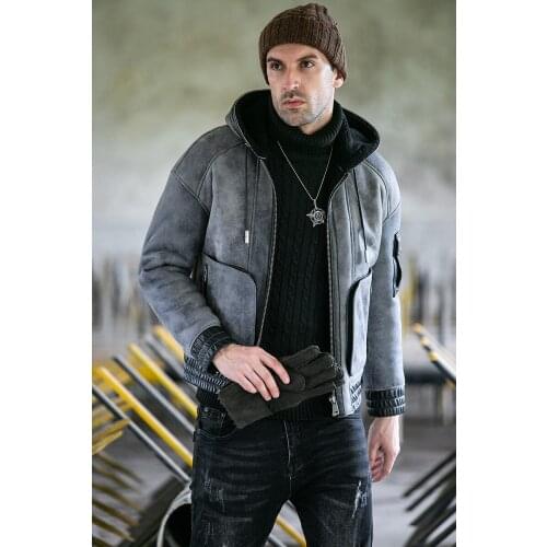 Double-Sided Wool Shearling Mens Hooded Wool Overcoat Male Genuine Leather Clothes Coat Winter Size S - 5XL