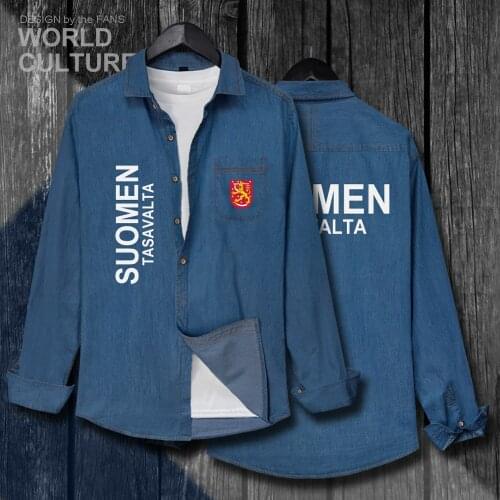Finland FIN FI Suomi Finnish Finn FI Men Nation Flag Clothes Autumn Cotton Long Sleeve Cowboy Turn-down Collar Jeans Shirt 20