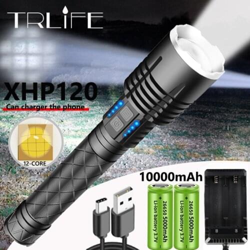 10000mAh XHP120 12-Core LED Flashlight Brightest Torch USB Rechargeable IP66 Waterpoof Lantern Camping Lamp use 26650 Battery