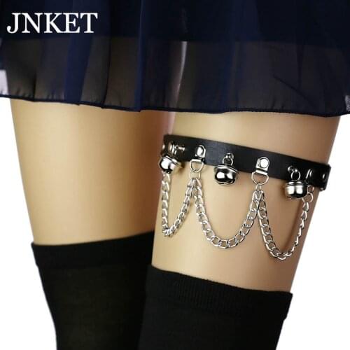 JNKET New Punk Bell Garter Belt Chain Leg Ring Garter Womens Garters Strap PU Leather Leg Belt Suspender Elastic Leg Ring
