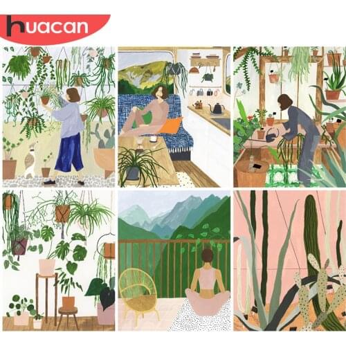 HUACAN Oil Painting Girl Handpainted Unique Gift Pictures By Numbers Plants Leaves DIY Frame For Adults Home Decoration