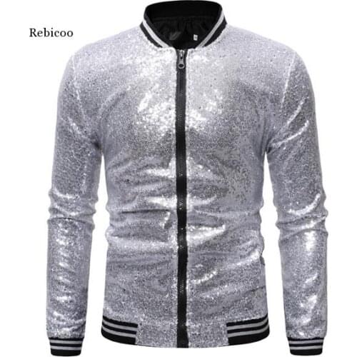 Shiny Sequins Sparkle Bomber Jacket Men Newest Gold Glitter Striped Zipper Mens Jackets and Coats Party Dance Show Clothes