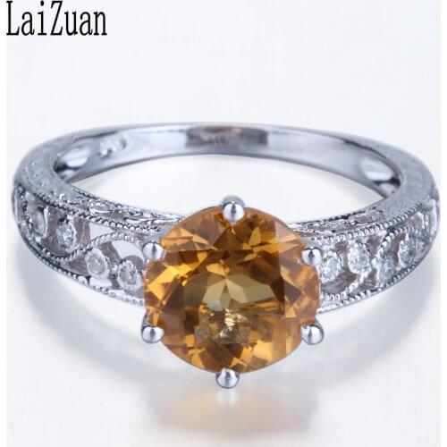 LaiZuan Solid 14K White Gold AU585 Certified Round Genuine Natural Citrine Diamond Engagement Wedding Women Vintage Jewelry Ring