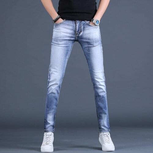 Jeans Light Blue Jean Men Korean Style Cotton Denim Slim Fit Pencil Pants