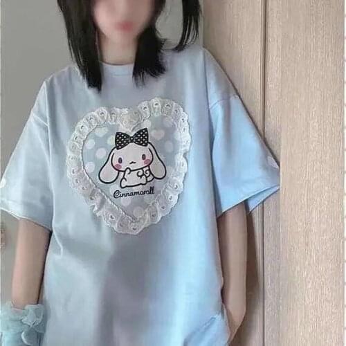 Harajuku Summer New Womens T-shirt Japanese Cartoon Dog Print Short-sleeved T-shirt Sweet Love Girl Top Kawaii T-shirt