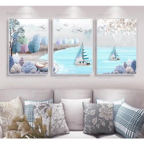 Minimalist Mediterranean Nautical Sailboat Scenery Canvas Posters Wall Art Nordic Painting for Modern Sitting Room Decorative