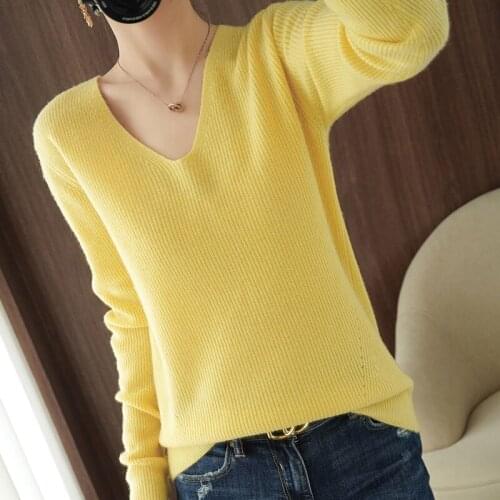 Fashionable Slim Womens ATTYYWS Brand Wool Sweater V-neck Full Sleeve Cashmere Knitted Pure Color Pullover Hot new products