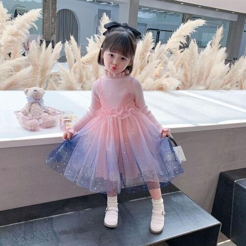 New2021 Childrens Clothing Knitted Dress Sequined Princess Birthday Party Dress Spring Girls Sweater Gradient Color Tulle Skirt