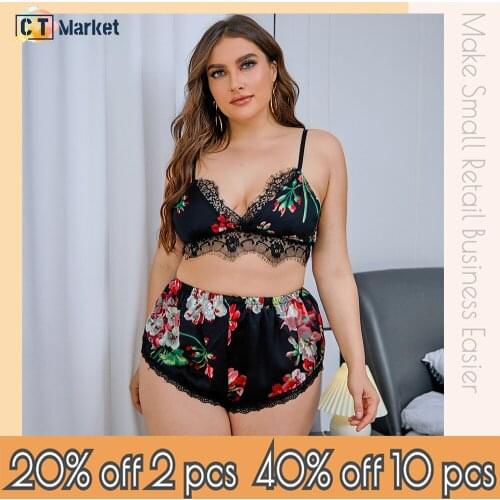 Plus Size Silk Cami Top With Shorts Sexy Sleepwear Wholesale Pajamas Women Floral Homewear CT11890