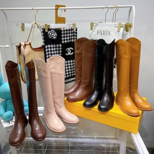 2021 Newest Hot Rome Genuine Leather Knee High Boots Woman Knight Boots Round-Toes Low Heels Boots High Boots Zapatos De Mujer