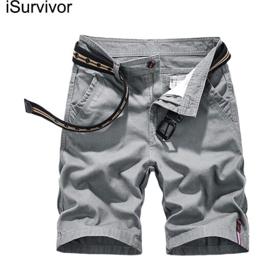 ISurvivor 2021 Men Solid Color 100% Cotton Summer Knee Length Cargo Shorts Male Casual Fashion Slim Fit Beach Shorts Hombre Pant