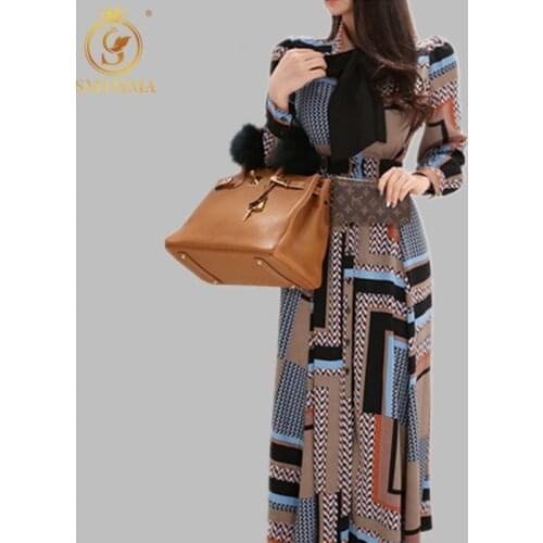 SMTHMA 2021 New Sping High Quality Luxury Runway Dress Geometric Print Long Dress Women Single-Breasted Korea Dresses Vestidos
