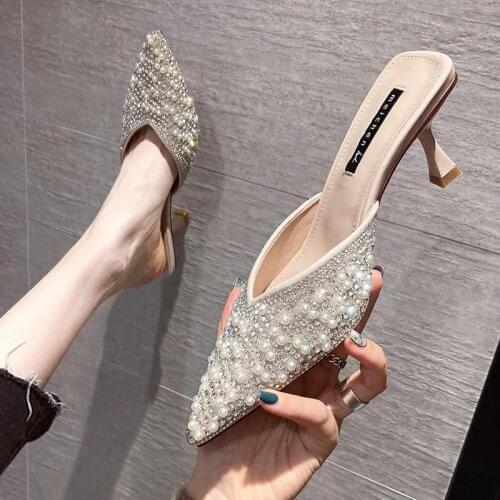 Rhinestone Square Buckle Slipper Women Shoes Woman 2020 Summer New Thin High Heels Pointed Toe Slippers Slides Sexy Ladies Shoes