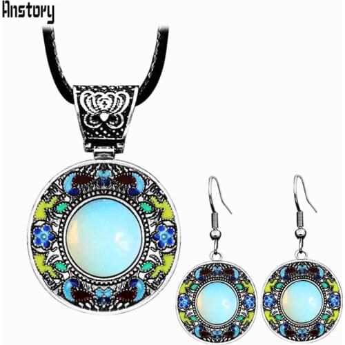Vintage Round Moon Stone Jewelry Sets Necklace Earrings Oil Painting Flower Plant Bohemia Natural Stone Quartz Fashion Jewelry