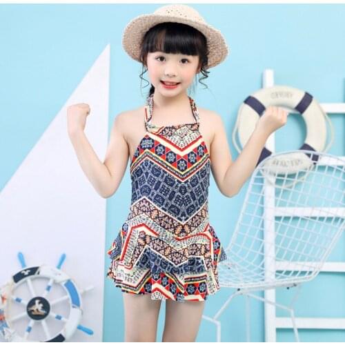 Vintage Halter Swimdress for Kids Girls Cute Two-Piece Swimsuits Skirt Print Korean Version Blue/Red Lovely Child Dress Swimwear
