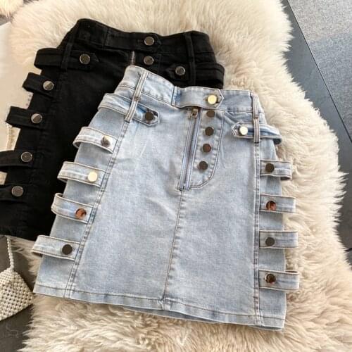 Chic Women Denim Skrits Harajuku Button Mini Casual Skirt Summer Ladies High Waist Slim A-Line Skirts Punk Female