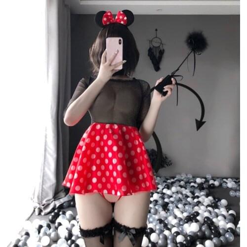Women Mesh See Through Flash Pot Mini Dress Mouse Cosplay Uniform Sexy Erotic Lingerie Costumes Set Ladies Sex Nightdress