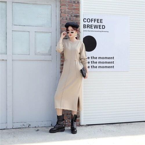 Gkfnmt Winter Knit Long Dress Women Fashion O-Neck Slim Bodycon Sweater Dresses Office Lady THICK Autumn Dress Slit With Belt