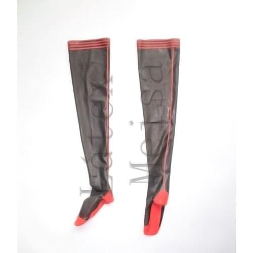 100% natural lingerie rubber stockings in transparent black with red trim color for women