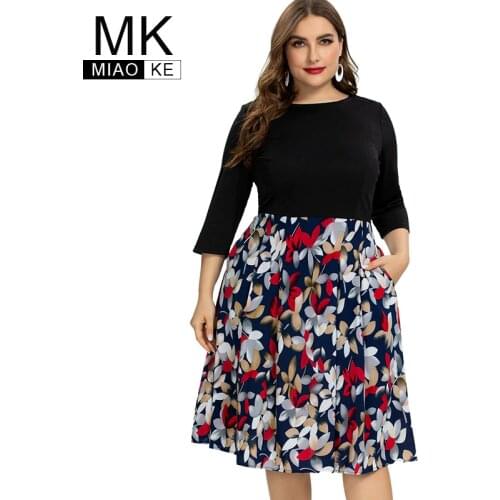 2020 Summer womens Plus Size print Flower Dress fashion Ladies Fake two pieces elegant dresses