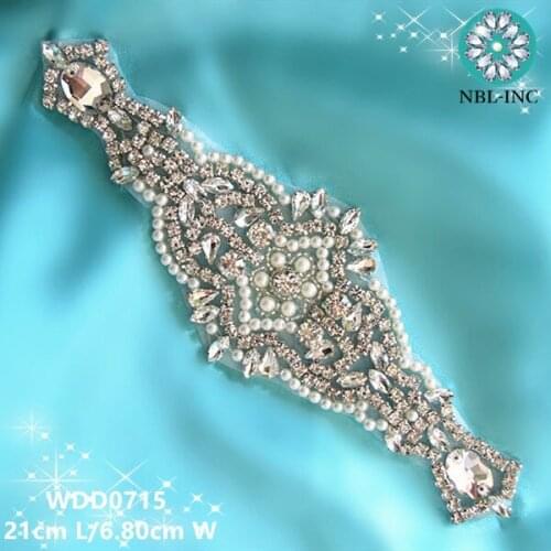 30PCS) Wholesale handmade beaded bridal silver clear crystal rhinestone pearl applique for wedding dresses DIY iron on WDD0715